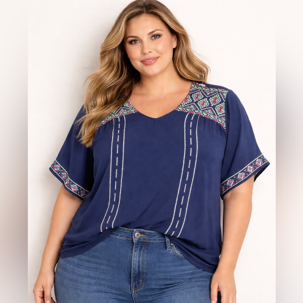 Washco Embroidered Blue Women's Top plus size